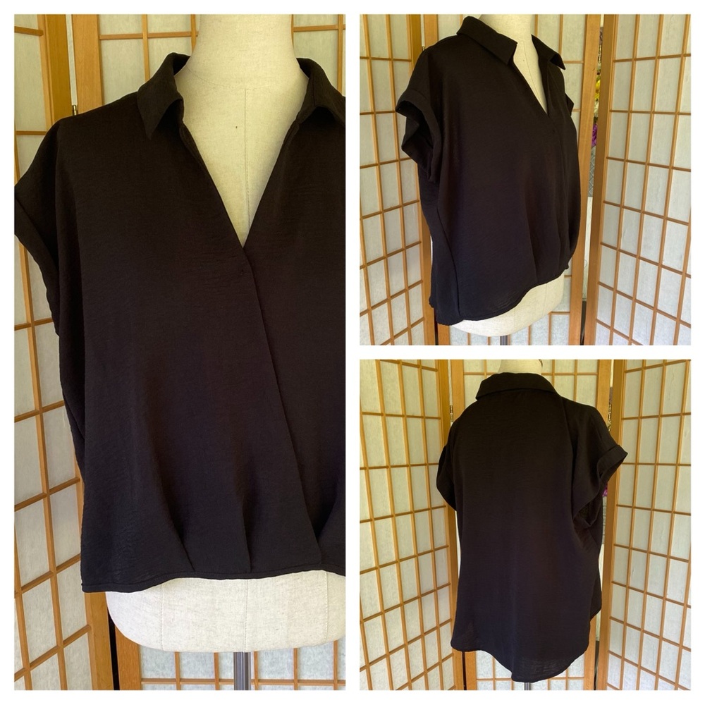 Pleione Black Collared High/Low Crossover Blouse SZ L